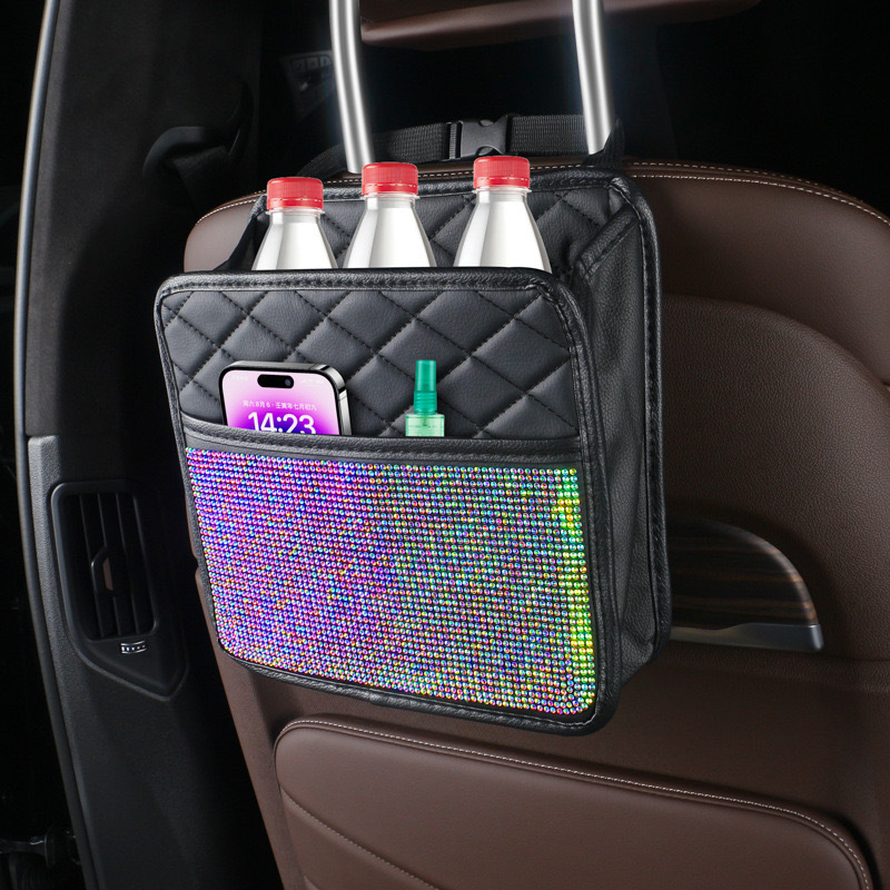 Bolsa de almacenamiento trasera de asiento de diamante de automóvil transfronterizo, bolsa colgante, caja de almacenamiento multifuncional, bolsa trasera de asiento de diamante montada en automóvil