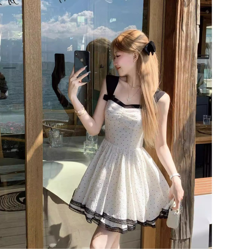 法式少女夏季波点气质连衣裙2025新款蝴蝶结甜美收腰吊带公主裙子|undefined