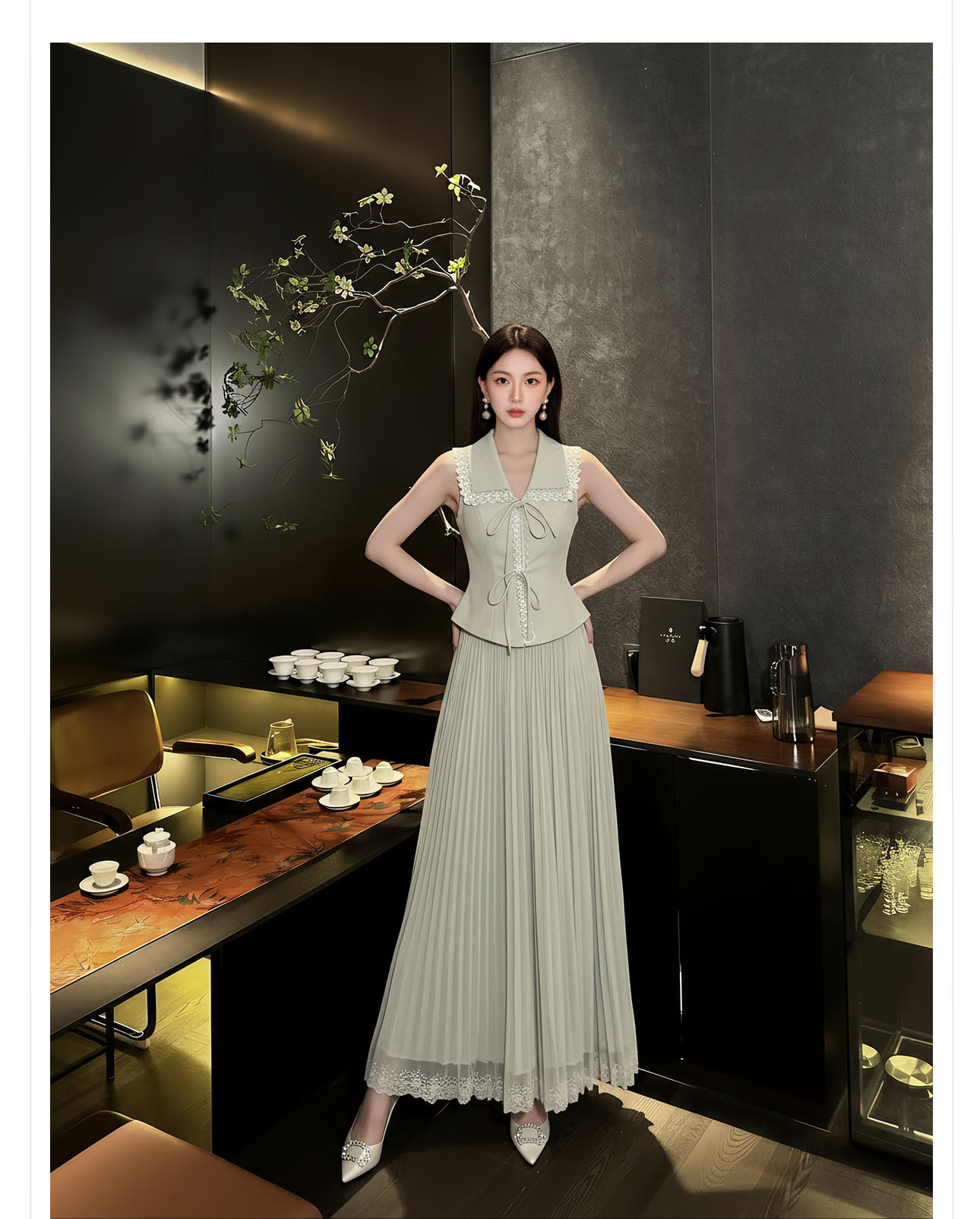 Set áo vest gile và chân váy ren phối ren thêu hoa, eo thon — bộ đồ, nửa váy, Trang chủ chi tiết 12