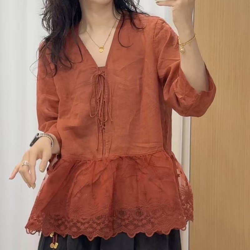 2025 Summer New Solid Color Lace-Up V-Neck Pure Ramie Lace Trim Patchwork Hem Sweet Babydoll Top