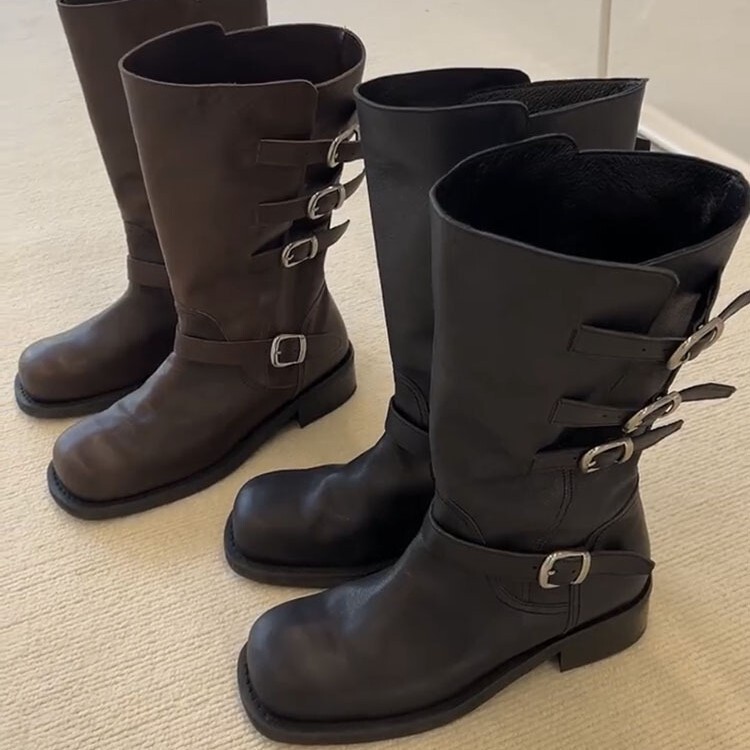 Cowhide Version ~ Korean Version of Niche New Two-Wear Thick-Soled Mid-Calf Boots for Women with Round Toe Belt Buckle Sleeves and High Knight Boots Cowhide Version ~ Korean Version of Niche New Two-Wear Thick-Soled Mid-Calf Boots for Women with Round Toe Belt Buckle Sleeves and High Knight Boots