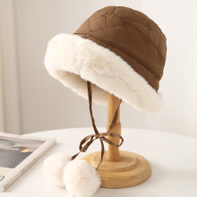 新款时尚仿兔毛绒毛球装饰气质百搭护耳帽纯色简约百搭舒适保暖帽