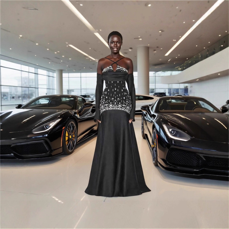 New European and American Style Black Strapless Sleeveless Beaded Long Bandage Dress for Women, Solid Color Party Evening Dress Bandage Dress