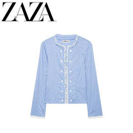 ZAZA 自制欧美风 批发女装 时尚百搭条纹蕾丝装饰府绸外套4764700