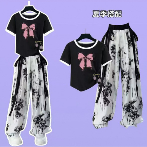 Summer Retro Set for Girls, Literary Chinese Style, Ice Silk Ink Painting Parent-Child Set