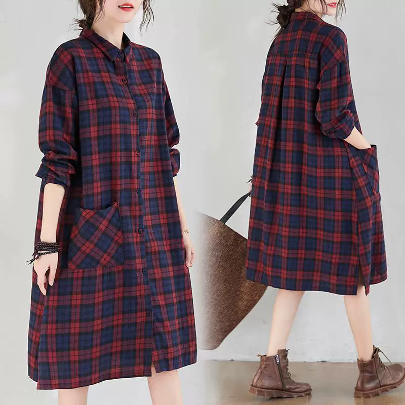 Весеннее платье-рубашка в клетку в Корейском стиле больших размеров для женщин 2023 новое платье средней длины в западном стиле, уменьшающее возраст, с длинным рукавом