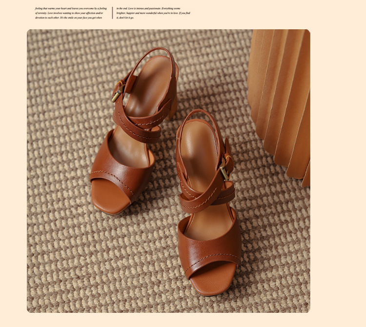 Sandal nữ mũi nhọn gót thô đế dày kiểu La Mã — Màu nâu chi tiết 12