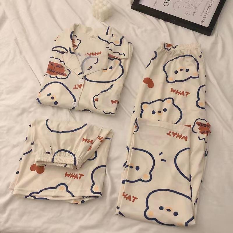 Pijamas de verano para mujer 2025, nuevo conjunto de tres piezas de cárdigan de manga corta, talla grande, delgado, pantalones largos, conjunto de ropa para estar en casa