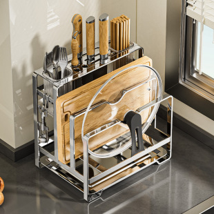 Kitchen Knife Holder Storage Rack, No-Drill Wall-Mounted Multifunctional Pot Lid Rack, Chopstick Holder, Spatula and Spoon Integrated Storage