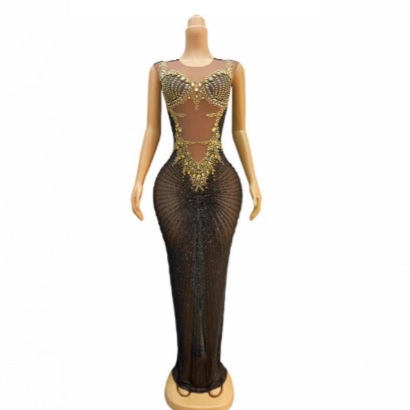 Cross-Border Popular Performance Clothing Diamond Dress Birthday Party Elegant Slim Long Dress Bridal Dress Gogo Performance Clothing