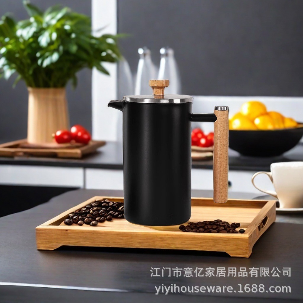 Cross-border bestseller French press coffee maker, stainless steel French hand-press coffee pot, sharing pot, simple wooden handle filter press for home use