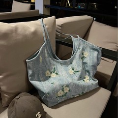 重工万針刺繍デニムハンドバッグレディース2025夏新作カジュアル百合大容量通勤トートバッグ