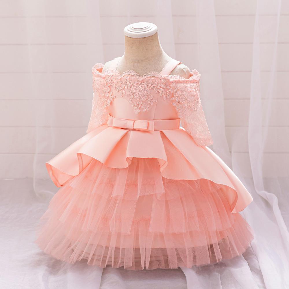 Nuevos productos transfronterizos vestidos de niñas con una línea de hombro, pastel de malla, vestido de aniversario de bebé, vestido de princesa
