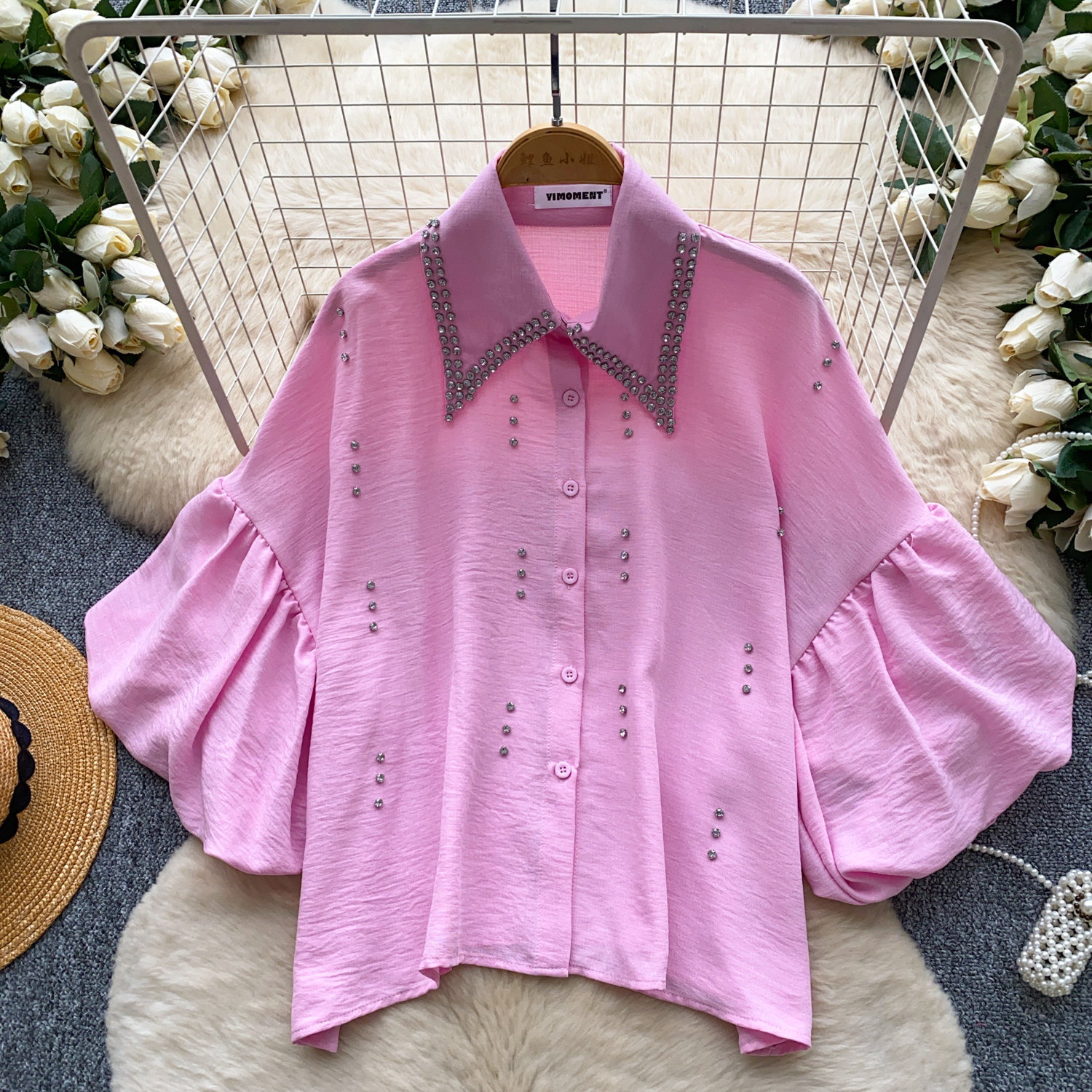 Women's French Style Rhinestone Blouse Summer Lantern Sleeve Cardigan Beaded Collar Loose Fit Versatile High End Top Heavy Duty_ecoleips.com
