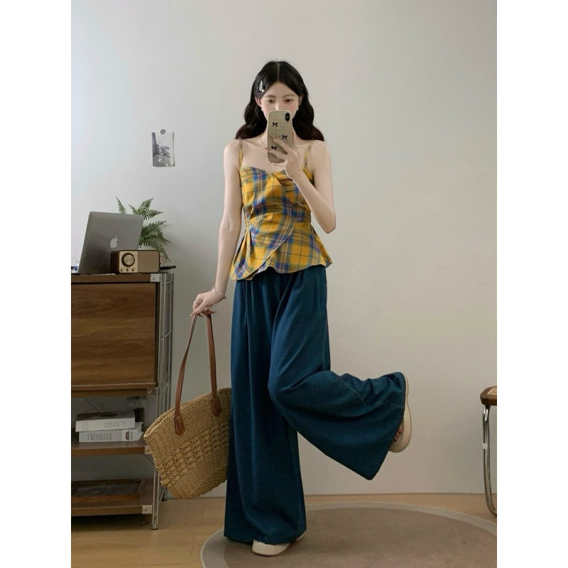-プラスサイズの女性の夏服新しいファットシスターデザインイエローチェック柄サスペンダー+デニムワイドレッグパンツスーツ|undefined