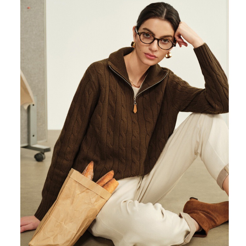 Raff Classic Twist Half-High Collar Half-Zip Cashmere Sweater Women's Pullover Lapel Thickened Loose Sweater Knitted Sweater