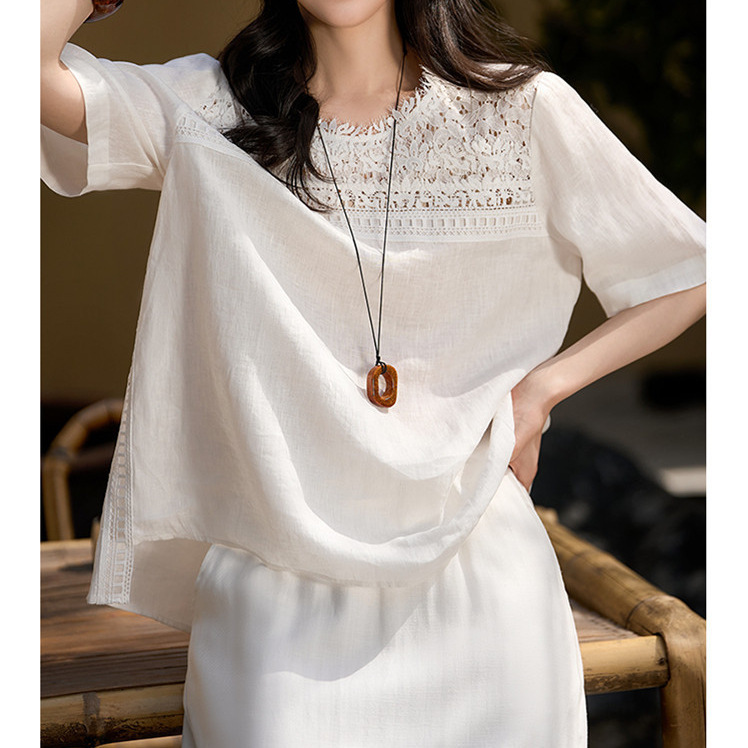 "A Dream of Floating Life" Heavy Industry Lace +100 Linen Half Sleeve Shirt Loose Round Neck Women's Top 25 Xia Xin