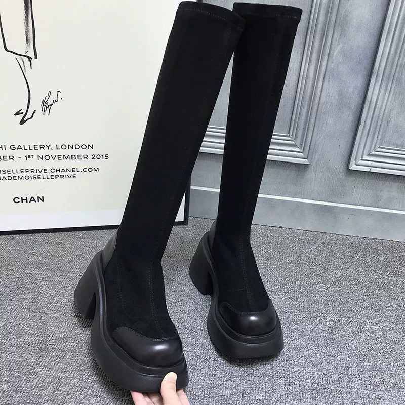 2023 осенне-зимние сапоги на резинке с толстой подошвой, увеличивающие рост, женские черные длинные сапоги, тонкие сапоги, ботинки Martin, женские