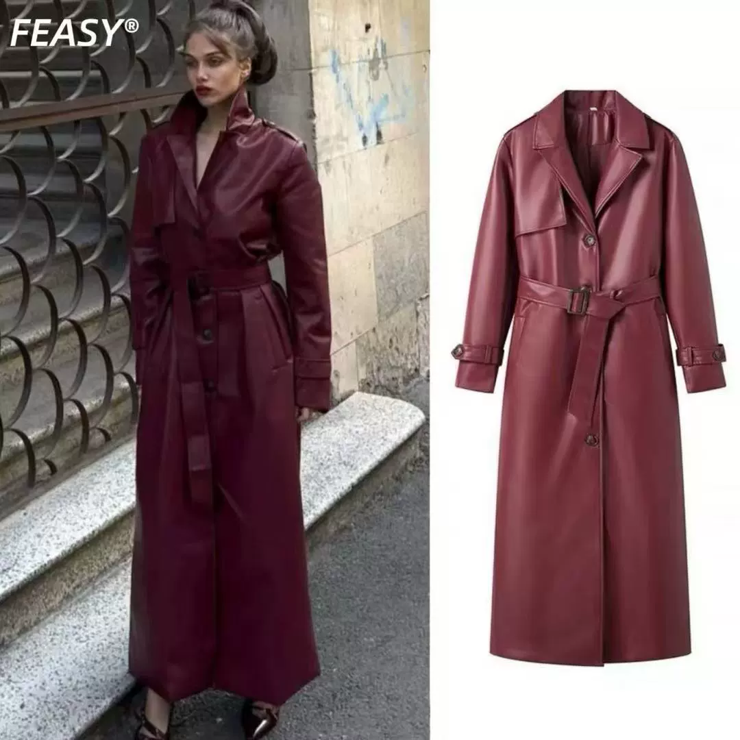 ZA AliExpress, популярное трансграничное женское осенне-зимнее длинное пальто из искусственной кожи в европейском и американском стиле с отложным воротником и поясом.