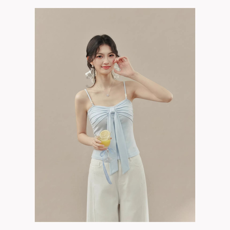 Purely Sensual Beaded Bowknot Camisole for Women, Summer Spicy Girl Style, Slim-Fit Light Blue Sleeveless Short Top, Trendy