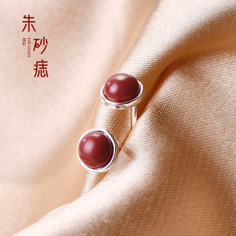 紅豆銀耳釘復古國風硃砂耳環簡約小巧精緻合成耳飾潮S999足銀批發