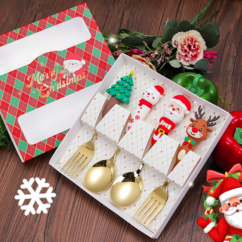 304 Stainless Steel Tableware Cross-Border Christmas Gift Wholesale Export Gift Box Set with Doll Spoon and Fork Set Santa Claus