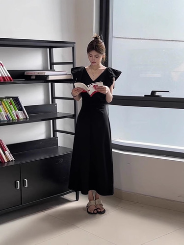 Black V-neck Child and Adult Summer Audrey Hepburn-style Slimming French Chic Long Dress