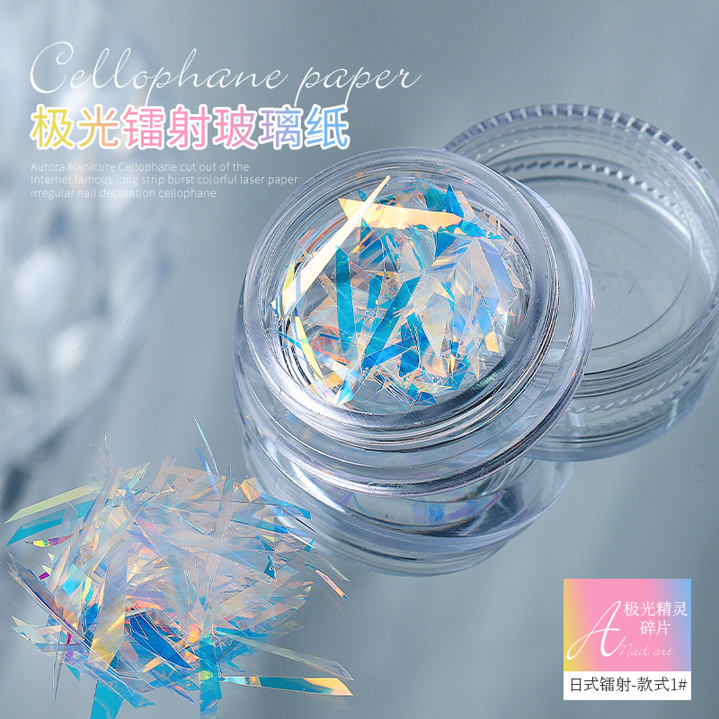 Aurora elfo fragmentos irregulares celofán Corte libre tira flash colorido láser papel uñas pegatina al por mayor