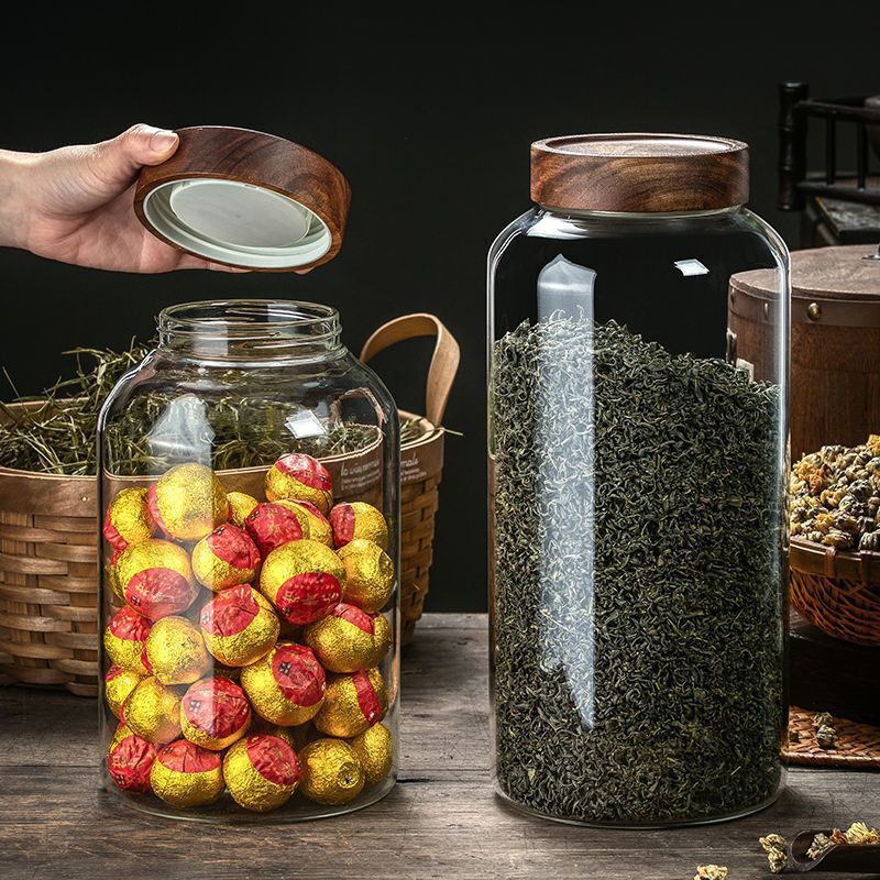 卸売木製蓋ねじ口透明ガラス密封ボトルコーヒー豆防湿保存瓶蜂蜜ツバメの巣保存ボトル|undefined