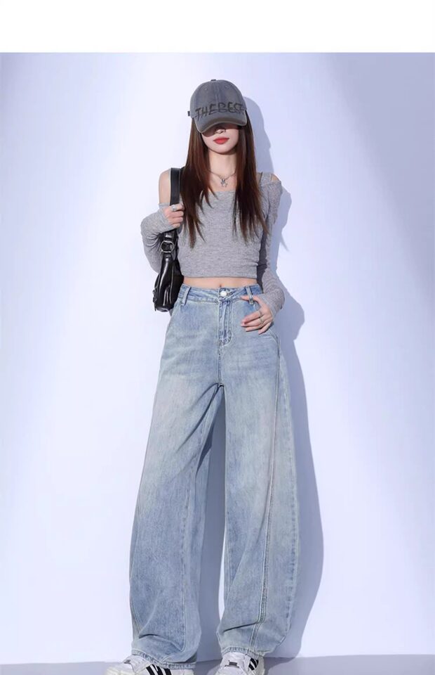 Quần jean nữ cạp cao ống đứng ống rộng phong cách giản dị mùa thu — Quần crop màu xanh nhạt dành cho chiều cao dưới 158cm., Màu xanh nhạt, được khuyên dùng cho chiều cao từ 164cm (5'4") trở lên., Quần màu xanh nhạt khuyến nghị 158-164cm chi tiết 8
