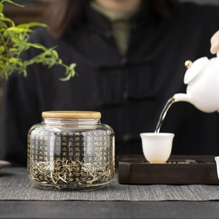 玻璃茶叶罐四方竹盖防潮密封花茶保鲜罐干果储物茶具心经罐