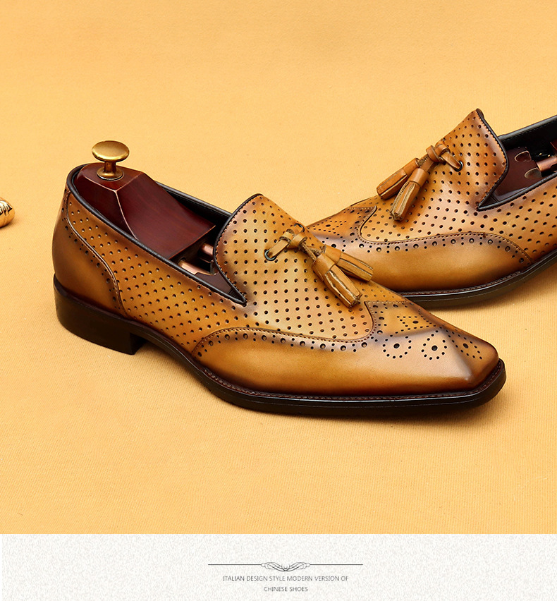 Casual summer leather shoes men's hollow breathable leather business dress shoes_vogvips.com