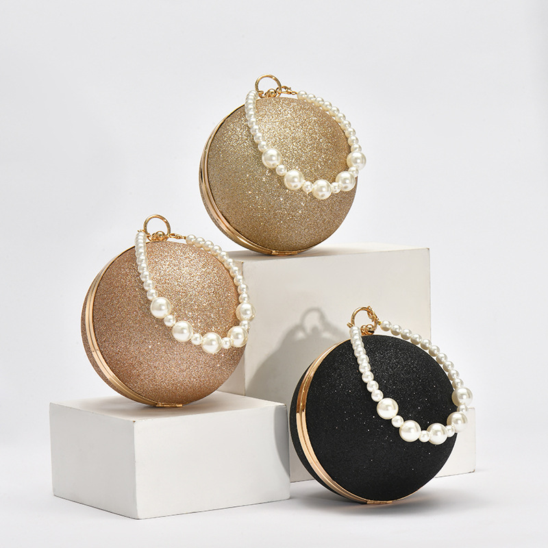 2022 New Evening Bag Handbag Pearl Women's Makeup Bag PU Leather Hard Box Spherical Crossbody Bag with Sparkling Details