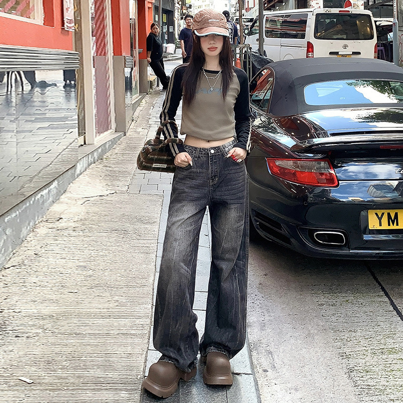 American Retro Straight-Leg Jeans for Women, Autumn Ins Niche High Street Black-Gray Loose Floor-Length Wide-Leg Pants