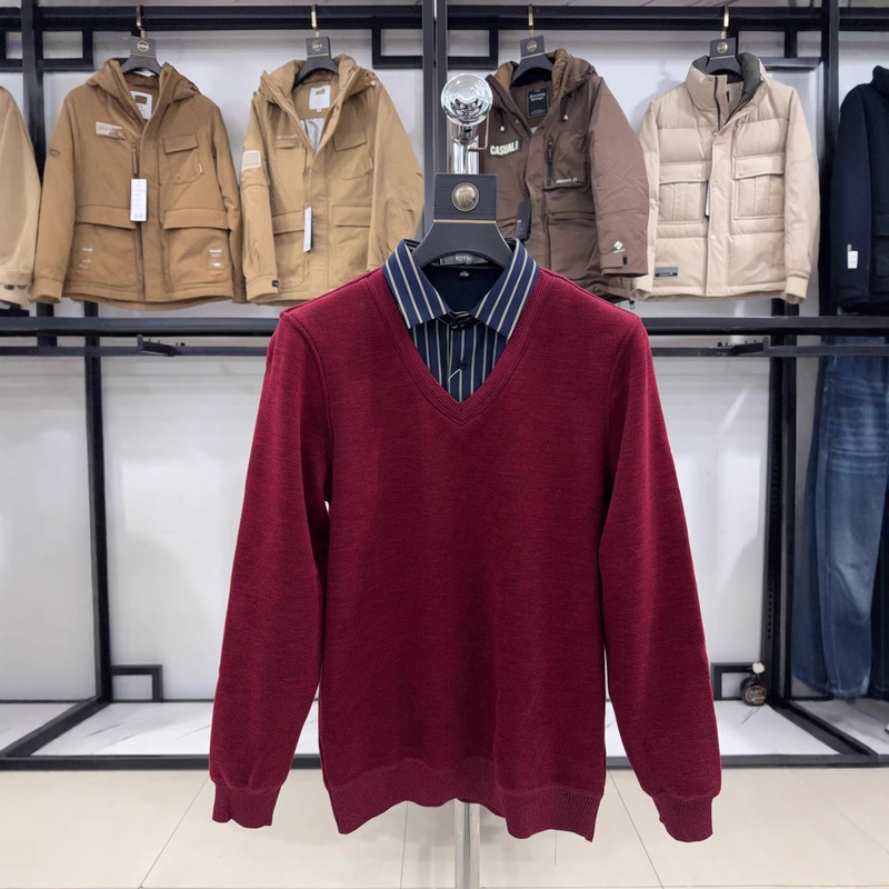 【Shanjia】Fleece-Lined and Thickened! Clearance Item, Faux Two-Piece Shirt Collar Knit Sweater for Men, Red V-Neck Sweater Py019 【Shanjia】Fleece-Lined and Thickened! Clearance Item, Faux Two-Piece Shirt Collar Knit Sweater for Men, Red V-Neck Sweater Py019