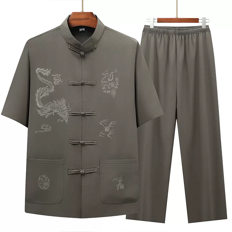 批发唐装男冰丝短袖套装爸爸装夏装中国风衣服中老年两件套太极服