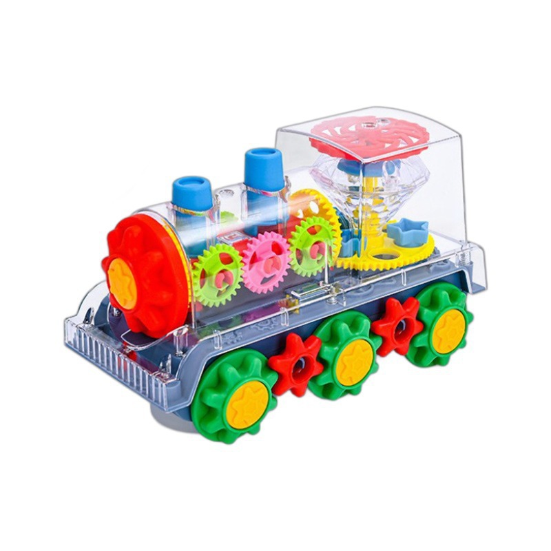 Luz transfronteriza de pie de fábrica de engranajes de venta directa locomotora de música giratoria transparente coche de juguete universal