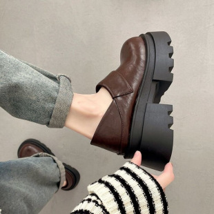 2025 Spring and Autumn New Retro Thick Sole Increased Baotou Half Slippers Wholesale Black Wear Lefu Small Leather Shoes Factory