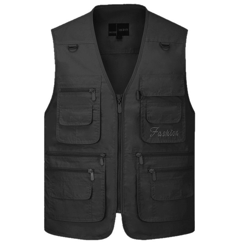 [Negro delgado de gran tamaño] Chaleco de verano para hombres de mediana edad y ancianos, chaleco de pesca transpirable de secado rápido con múltiples bolsillos