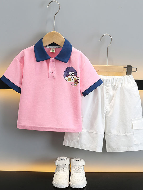 5712 Traje de impresión de dibujos animados para niños Camisa POLO de manga corta para bebés Traje de dos piezas de dopamina de verano para niños