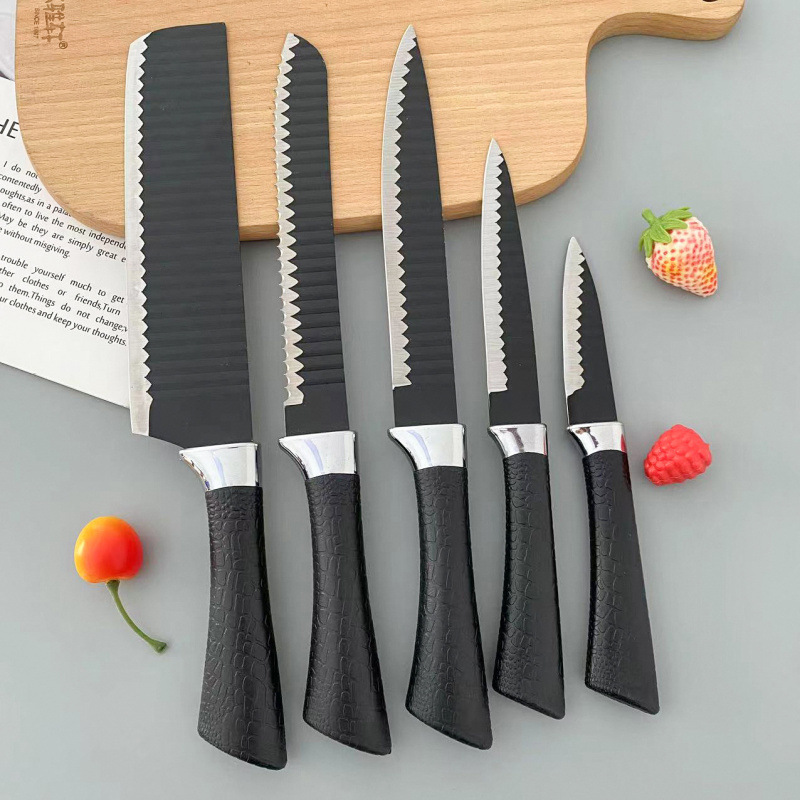 Juego de cuchillos de cocina de acero inoxidable de seis piezas con patrón de onda de color de venta caliente