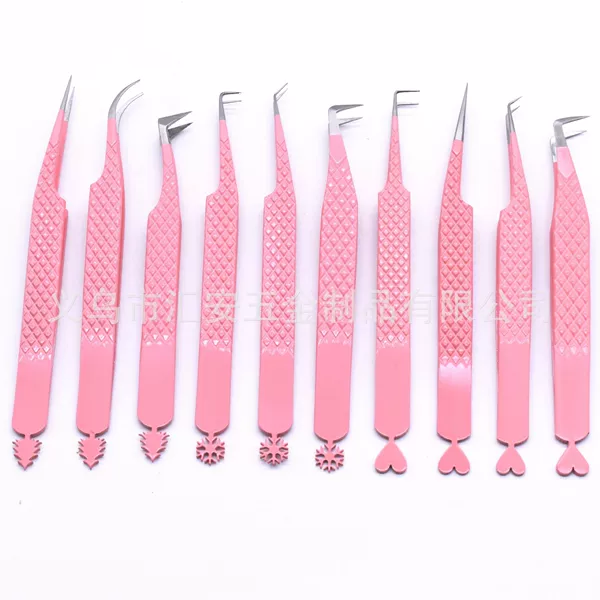 Manufacturer Supplies High-Precision Grafted Eyelash Blooming Tweezers 304 Stainless Steel Stripesd Eyelash Tweezers Pink Fiber