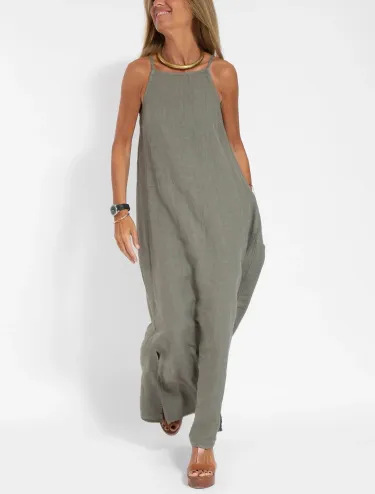 Women's Clothing Fashion Casual Cotton Linen Slit Suspender Dress_ecoleips.com