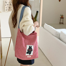 韩系小众毛呢格纹单肩包秋冬新款PU肩带帆布包大容量通勤包学生包