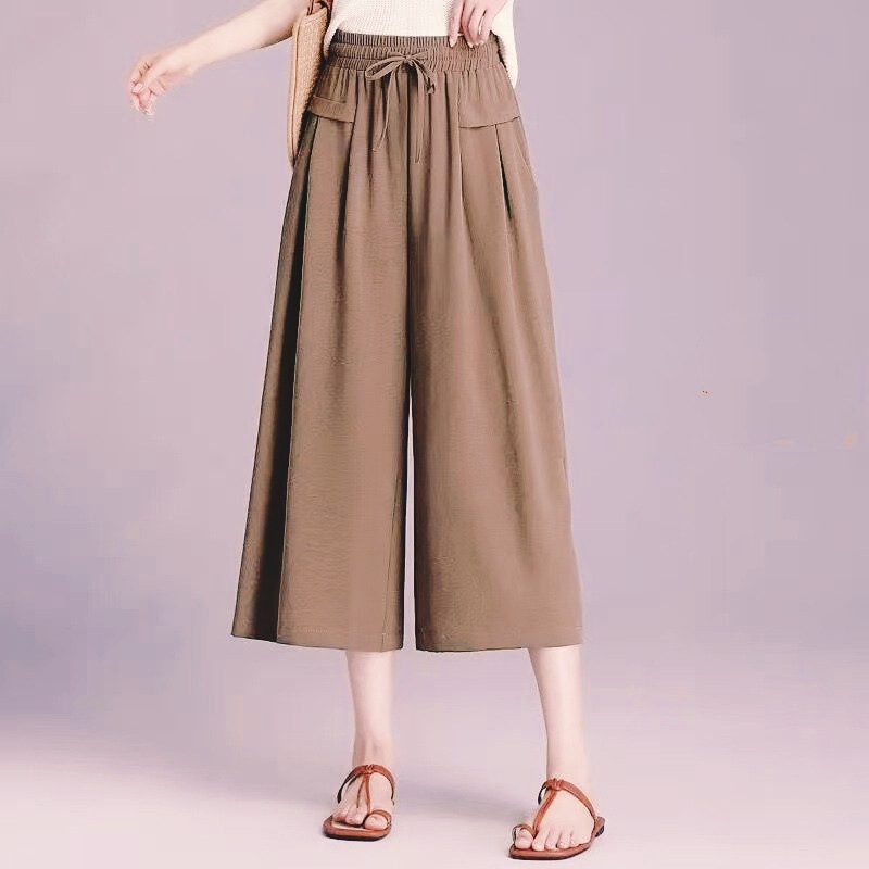 Ice Silk Crinkled Wide-Leg Cropped Pants 2026 Summer New High-Waisted Drapey Korean Style Casual Pants Loose Thin Skirt Pants for Women