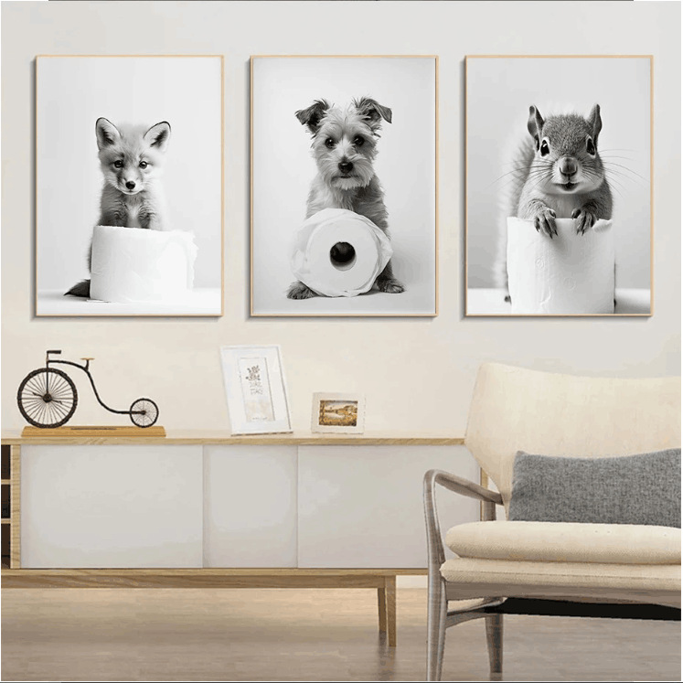 Negro y blanco adorables animales con papel higiénico póster búho perro lienzo pintura de pared arte baño sala de estar decoración del hogar