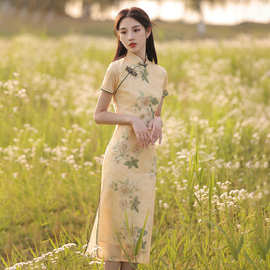 2025年新款夏季改良旗袍女装复古中国风中长款印花短袖淑女连衣裙