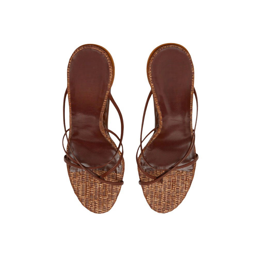 Chanclas de punta redonda transfronterizas, tacones de dientes de tigre huecos, zapatillas de cuña, nueva combinación de banda delgada tejida, sandalias de espina de tacón súper alto