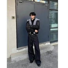 2025新款老钱风黑色赤耳窄幅红边原牛直筒微喇阔腿休闲A字牛仔裤