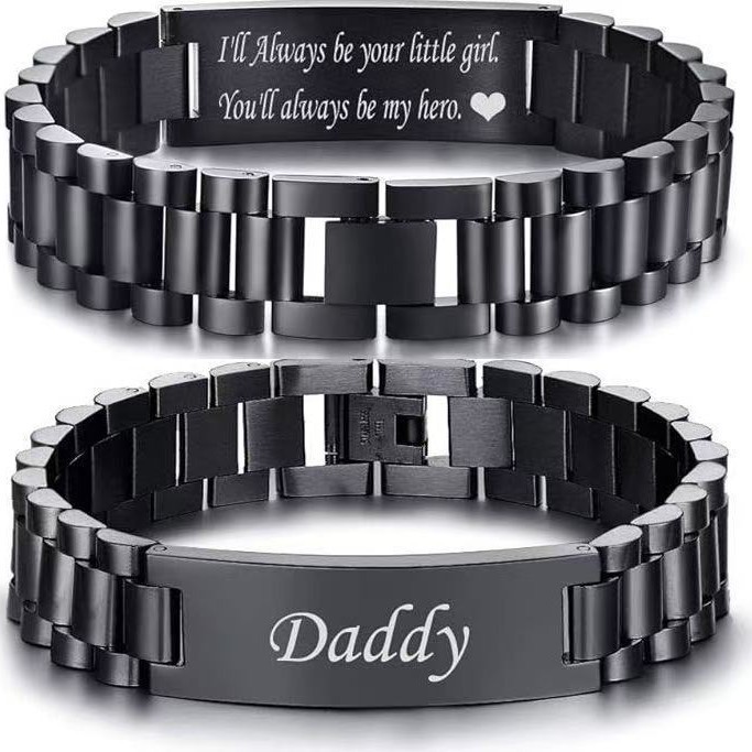 European and American Jewelry Hot-Selling Stainless Steel Watch Chain Titanium Steel Men's Curved Bracelet with Engraving Watch Strap Manufacturer Wholesale